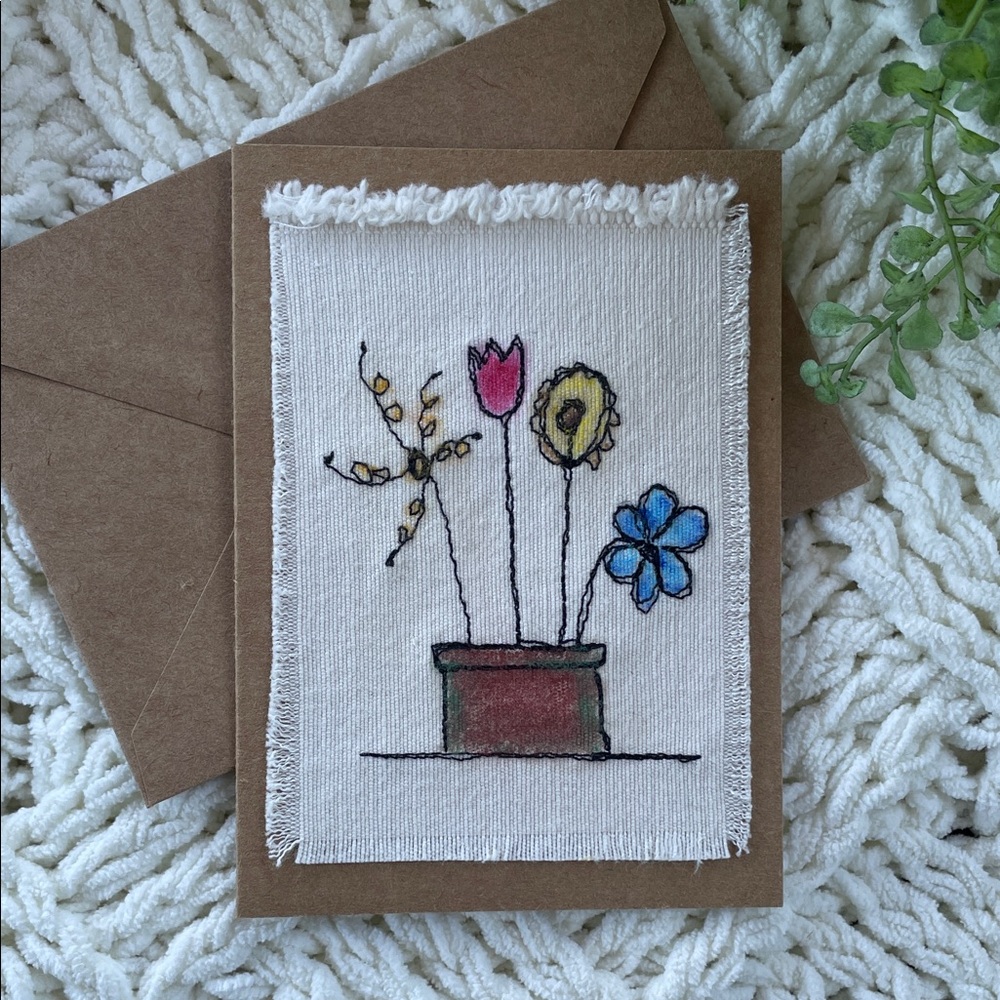 Handcrafted Fabric Stitched Greeting Card Floral Hand Painted Red Yellow Blue